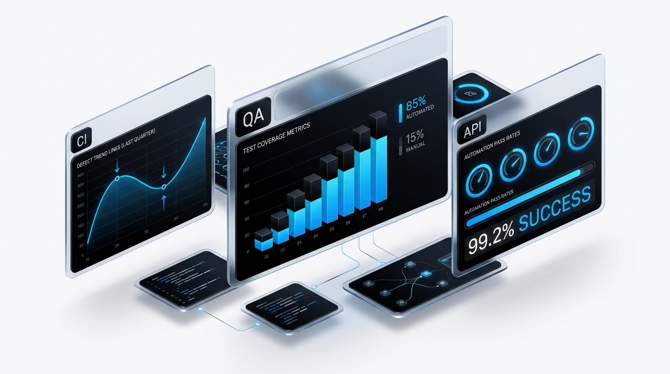 Professional QA partner deliverables including test strategy documents and quality metrics dashboards